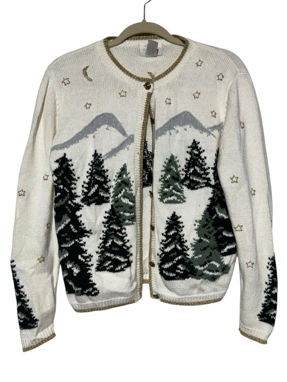 Vintage Ugly Christmas Sweater Cardigan Size Small Gold Trees Snow Holiday